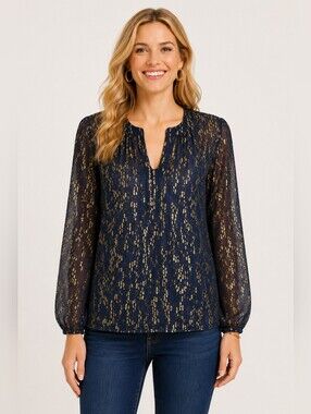 Lilly Pulitzer Silk Metallic Gold Dot Sheer Blouse Navy Blue Size Large